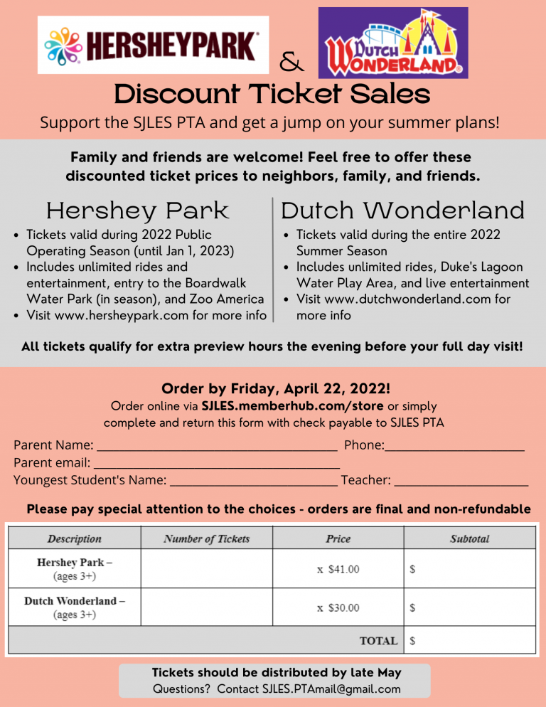 Hershey Park and Dutch Wonderland Tickets SJLES PTA